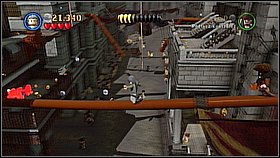 Climb, go right and get to the other side of the street using the rope - London Town - walkthrough - On Stranger Tides - LEGO Pirates of the Caribbean: The Video Game - Game Guide and Walkthrough