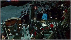 Put the winch in the mechanism on the left [1] and use it to lower Will - Queen Annes Revenge - walkthrough - On Stranger Tides - LEGO Pirates of the Caribbean: The Video Game - Game Guide and Walkthrough