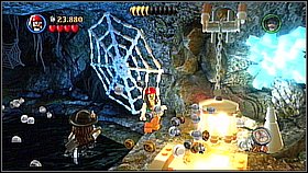 In the cave go on the right till you reach a huge spiderweb - The Fountain of Youth - walkthrough - On Stranger Tides - LEGO Pirates of the Caribbean: The Video Game - Game Guide and Walkthrough