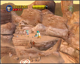 Use the Dark Side on the door at the beginning of the level, just after crossing the first abyss - Through the Jundland Wastes - Freeplay Mode - Episode IV - LEGO Star Wars II: The Original Trilogy - Game Guide and Walkthrough