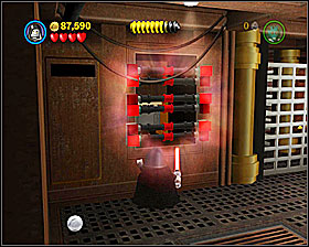 In a room with a furnace use the Dark Side on the grid shown on the screenshot - Through the Jundland Wastes - Freeplay Mode - Episode IV - LEGO Star Wars II: The Original Trilogy - Game Guide and Walkthrough