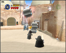 Use the Force on the 3 metal crates and then use them to reach the roof of the nearby shack - Mos Eisley Spaceport - Freeplay Mode - Episode IV - LEGO Star Wars II: The Original Trilogy - Game Guide and Walkthrough