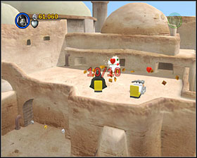 At the upper level of the stormtrooper-guarded gate use the stormtrooper access door - Mos Eisley Spaceport - Freeplay Mode - Episode IV - LEGO Star Wars II: The Original Trilogy - Game Guide and Walkthrough