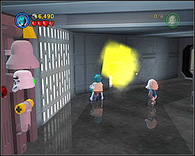 Just behind the first helmet dispenser you'll see a shiny metal object that can be destroyed by a detonator - Death Star Escape - Freeplay Mode - Episode IV - LEGO Star Wars II: The Original Trilogy - Game Guide and Walkthrough