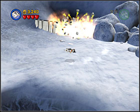 Smash a bomb into a white wall in the first TIE Fighter area and go through the tunnel that turned out to be there - Hoth Battle - Freeplay Mode - Episode V - LEGO Star Wars II: The Original Trilogy - Game Guide and Walkthrough