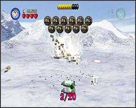 On the battlefield at the end of the level destroy the grey piles of bricks shown on the screenshot - Hoth Battle - Freeplay Mode - Episode V - LEGO Star Wars II: The Original Trilogy - Game Guide and Walkthrough