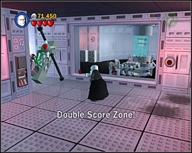 In a room with 4 buttons on the floor, use 3PO panel on the left to get into a Double Score Zone - Escape from Echo Base - Freeplay Mode - Episode V - LEGO Star Wars II: The Original Trilogy - Game Guide and Walkthrough