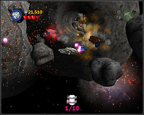 In one of the asteroid in the second section, before the first barrier - Falcon Flight - Freeplay Mode - Episode V - LEGO Star Wars II: The Original Trilogy - Game Guide and Walkthrough