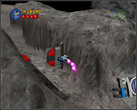 Go through the TIE Fighter gate at the beginning of the second section and use the Snowspeeder to grab two bombs and smash them into two red markings - Falcon Flight - Freeplay Mode - Episode V - LEGO Star Wars II: The Original Trilogy - Game Guide and Walkthrough