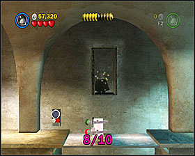 In a room where you made way for 3PO, extend the bridge as R2 and use the Dark Side to get the minikit above it - Jabba's Palace - Freeplay Mode - Episode VI - LEGO Star Wars II: The Original Trilogy - Game Guide and Walkthrough