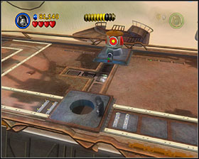 When you shoot the gun at the end of the level, destroy just one target and jump into the hole that was left of it - The Great Pit of Carkoon - Freeplay Mode - Episode VI - LEGO Star Wars II: The Original Trilogy - Game Guide and Walkthrough