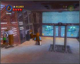 In a room where you turned on the elevator, switch to a small character and go through a tunnel nearby - The Great Pit of Carkoon - Freeplay Mode - Episode VI - LEGO Star Wars II: The Original Trilogy - Game Guide and Walkthrough