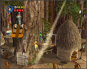 Use the small lift next to the shack with 3PO panel in it and use the lever there - The Battle of Endor - Freeplay Mode - Episode VI - LEGO Star Wars II: The Original Trilogy - Game Guide and Walkthrough