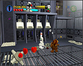 Use the Force on the 4 panels shown on the screenshot in a room right of the control center - The Battle of Endor - Freeplay Mode - Episode VI - LEGO Star Wars II: The Original Trilogy - Game Guide and Walkthrough