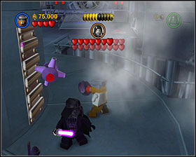 Near the elevators by the center of the level use the detonator to blow up a metal fragment of the wall - Jedi Destiny - Freeplay Mode - Episode VI - LEGO Star Wars II: The Original Trilogy - Game Guide and Walkthrough