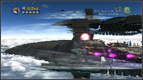Return to the ship, take a few torpedoes [1] from the dispenser you've just created and shoot them at the three purple shields [2] nearby you - Count Dooku - p. 2 - Story mode - LEGO Star Wars III: The Clone Wars - Game Guide and Walkthrough
