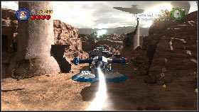 Once it gets damaged, approach with a Jedi to the blue symbol in front of it [1], stand in it and attack the vehicle [2] - Asajj Ventress - p. 5 - Story mode - LEGO Star Wars III: The Clone Wars - Game Guide and Walkthrough