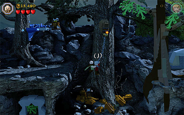 You need to leap towards Dori swinging on the chain - Stage 8 (Out of the Frying Pan...): Escape the orcs - Walkthrough - LEGO The Hobbit - Game Guide and Walkthrough