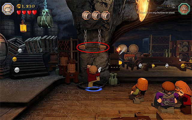 The lever that you need to grab onto - Stage 11 (Barrels Out of Bond): The cellar - Walkthrough - LEGO The Hobbit - Game Guide and Walkthrough
