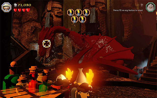 Wait until Smaug is targeted and throw - Stage 16 (Inside Information): Defeat Smaug - Walkthrough - LEGO The Hobbit - Game Guide and Walkthrough