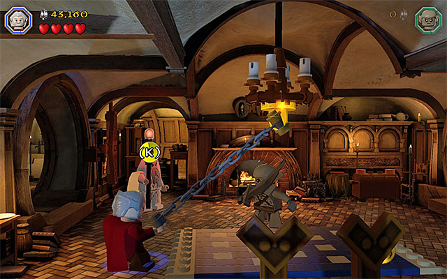 Use the flail to make the chandelier fall down and use the spade - Stage 2 (An Unexpected Party) - Main Stages - Collectibles - LEGO The Hobbit - Game Guide and Walkthrough