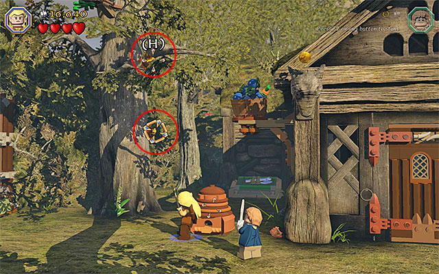You need to use the bow and then, as an elf, grab the arrows stuck into the tree - Stage 9 (Queer Lodgings) - Main Stages - Collectibles - LEGO The Hobbit - Game Guide and Walkthrough