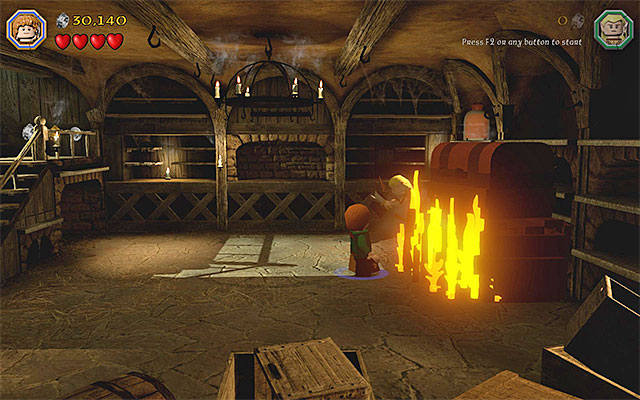 Set fire to the area around the chest - Stage 9 (Queer Lodgings) - Main Stages - Collectibles - LEGO The Hobbit - Game Guide and Walkthrough