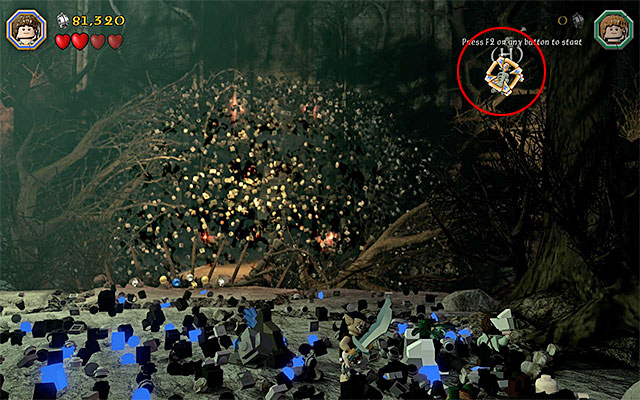 Wait for Sauron to finish one of his attacks, pick up the brick that you dug up and throw it at the skeleton on the right, shown in the above screenshot - Stage 14 (The Necromancer) - Main Stages - Collectibles - LEGO The Hobbit - Game Guide and Walkthrough