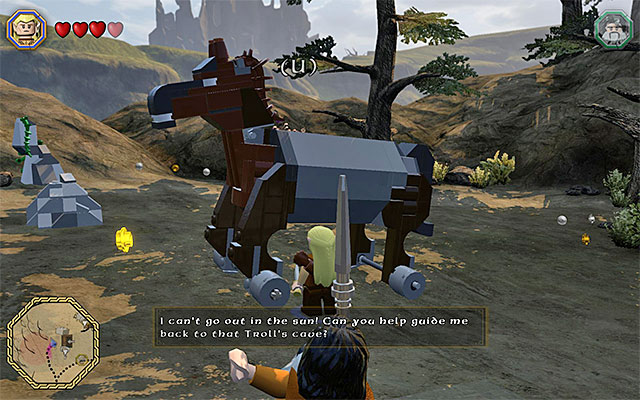 Jump onto the big mechanical horse and go towards the cave of the friendly troll - White question marks - walkthroughs for quests 41-60 - Middle Earth - Side missions - LEGO The Hobbit - Game Guide and Walkthrough