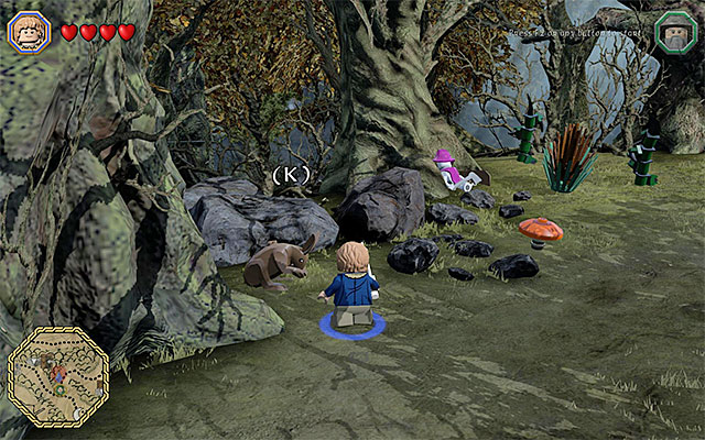 The rabbit starts to follow you only after you press the key displayed on the screen - White question marks - walkthroughs for quests 61-80 - Middle Earth - Side missions - LEGO The Hobbit - Game Guide and Walkthrough
