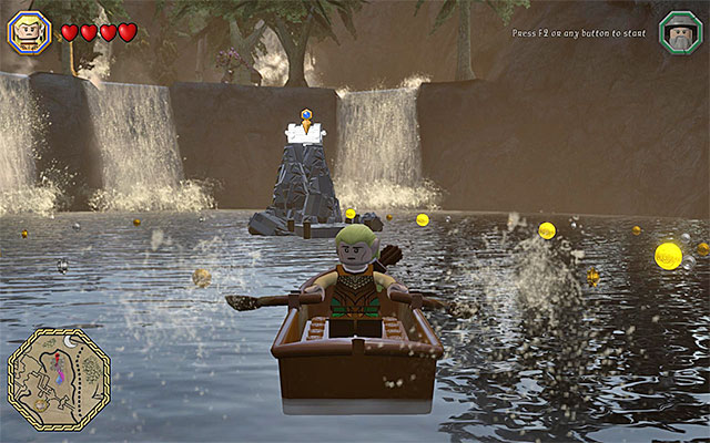 Paddle the boat towards the ledge with the chest - Schematics locations (1-8) - Middle Earth - Schematics - LEGO The Hobbit - Game Guide and Walkthrough