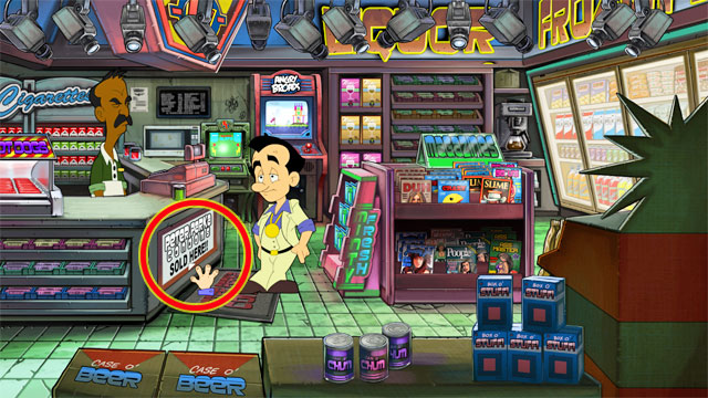 To buy condoms click use on a poster below cash desk - 1. Hooker - Walkthrough - Leisure Suit Larry: Reloaded - Game Guide and Walkthrough