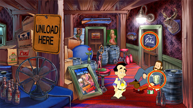 Open inventory, select glass of whiskey and use it on drunk man on the right - 1. Hooker - Walkthrough - Leisure Suit Larry: Reloaded - Game Guide and Walkthrough