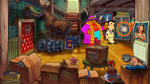 Go next to a cabinet and use on it Lefty's bar coaster that you turn over a second ago (open inventory, click on white arrow, click on Lefty's bar coaster, click OK to close inventory and click use on this cabinet) - 1. Hooker - Walkthrough - Leisure Suit Larry: Reloaded - Game Guide and Walkthrough