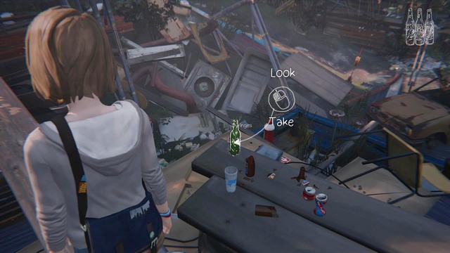 Right next to Chloe, on the left side, you will find a passageway leading to an elevation, from where you will be able to get the last bottle - Chapter 3 - Walkthrough - Life is Strange - Game Guide and Walkthrough