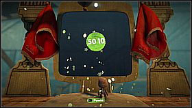 While approaching the score board, don't forget about the bubble right behind the shelf - just jump up to reach it - Rookie Test - Da Vinci's Hideout - LittleBigPlanet 2 - Game Guide and Walkthrough
