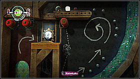 Upstairs, one player has to grapple the roll and lower himself as low as possible - Gripple Grapple - Da Vinci's Hideout - LittleBigPlanet 2 - Game Guide and Walkthrough