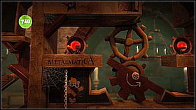 Go even higher and collect two items beside the half of a big gear (one is in the corner on the right, you need to jump) - Bravery Test - Da Vinci's Hideout - LittleBigPlanet 2 - Game Guide and Walkthrough