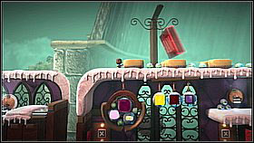 Upstairs, collect three bubbles on the left [1] and afterwards use the launch pad to get onto the roof of the fourth cart - Runaway Train - Victoria's Laboratory - LittleBigPlanet 2 - Game Guide and Walkthrough