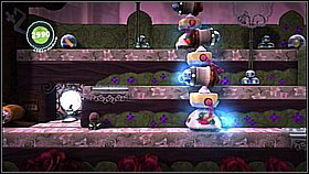 Jump onto the heads of the little enemies while holding a cake and get to the next rail, collecting items on your way - Brainy Cakes - Victoria's Laboratory - LittleBigPlanet 2 - Game Guide and Walkthrough