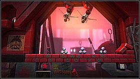 Move further on the bombs - by the end you have to let go early enough to avoid the flamethrower - Bang for Buck - p. 1 - The Factory of a Better Tomorrow - LittleBigPlanet 2 - Game Guide and Walkthrough