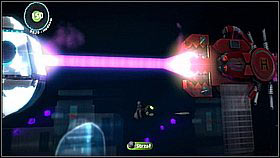 During the boss fight, first shoot the central part of his body when he's charging his main weapon - the laser - Huge Peril for Huge Spaceship - Avalon - LittleBigPlanet 2 - Game Guide and Walkthrough