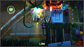 Once you come across burning enemies, shoot the yellow-green bud above - thank to it two items will fall down - Casa Del Higginbotham - Eve's Asylum - LittleBigPlanet 2 - Game Guide and Walkthrough
