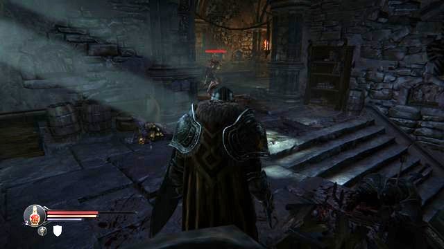 In the location shown in the screenshot, go off the path, down the stairs to the basement and you will obtain the key [M1 - Find the key for Kaslo - Keystone Citadel - Lords of the Fallen - Game Guide and Walkthrough