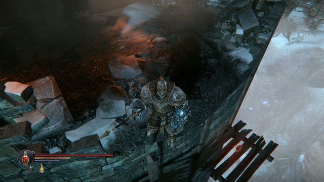 To jump down to the platform, you need to lean out. Watch out not to fall down! - Find Kaslo - Keystone - Lords of the Fallen - Game Guide and Walkthrough