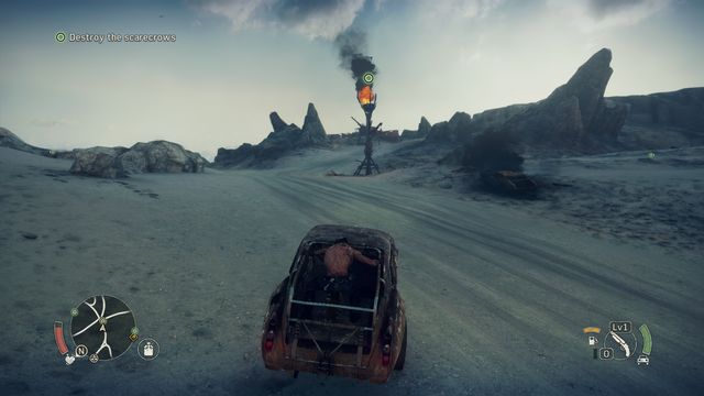 Destroying the Scarecrows reduce threat level in the neighborhood - ride through the posts or break them with the harpoon. - Righteous Work - Story missions - Mad Max - Game Guide and Walkthrough