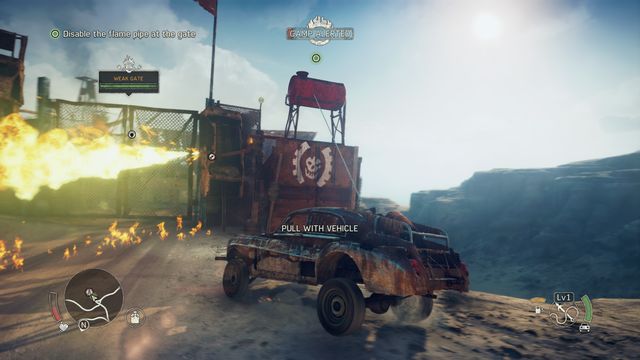 Use the harpoon to topple the tower with a sniper and the fuel container at the gate. - Righteous Work - Story missions - Mad Max - Game Guide and Walkthrough