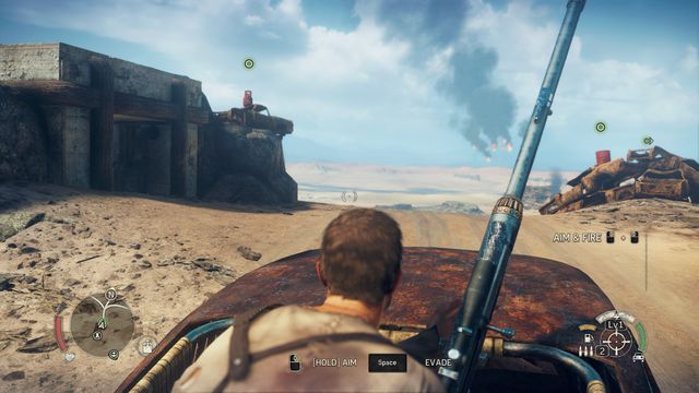 Test the sniper rifle you constructed by destroying the bottle and the barrels. - Into Madness - Story missions - Mad Max - Game Guide and Walkthrough