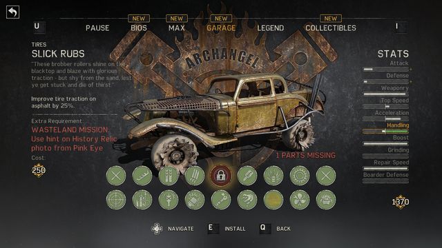Archangel creation menu shows you the missing parts. - Vehicles and Archangels - Collectibles - Mad Max - Game Guide and Walkthrough