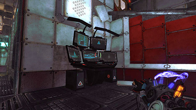 Go along the left wall until you get to the stairs and control panel (screen above) - Pattern Recognition - Walkthrough - Act II - Magrunner: Dark Pulse - Game Guide and Walkthrough